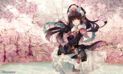 Rule 34 | 1girl, black hair, braid, braided ponytail, cherry blossoms, chinese clothes, clothes lift, eyebrows hidden by hair, genshin impact, hair ornament, hat, highres, long hair, looking at viewer, mintysammy, red eyes, skirt, skirt lift, smile, solo, water, yun jin (genshin impact)