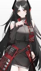 Rule 34 | &gt;:(, 1girl, absurdres, arknights, bare shoulders, black dress, black hair, black jacket, black nails, closed mouth, crop top, crop top overhang, cropped jacket, dress, frown, grey background, hand up, highres, ines (arknights), jacket, long hair, long sleeves, looking at viewer, nail polish, parted bangs, raitho, simple background, solo, standing, sword, v-shaped eyebrows, very long hair, weapon, yellow eyes