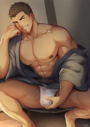 Rule 34 | 1boy, abs, absurdres, artist name, bara, bare pectorals, bare shoulders, barefoot, brown hair, bulge, collarbone, crotch grab, facial hair, fundoshi, goatee, grin, hand on own cheek, hand on own face, hand up, highres, huge filesize, indoors, japanese clothes, kimono, looking at viewer, male focus, muscular, muscular male, nipples, off shoulder, open clothes, open kimono, original, pectorals, short hair, signature, smile, solo, spread legs, squatting, stubble, yukata, zifu