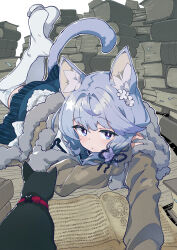 Rule 34 | 1girl, animal, animal ears, black cat, blue eyes, blue hair, blue skirt, book, book stack, brown jacket, cat, cat ears, cat girl, cat tail, commission, fur-trimmed jacket, fur trim, highres, jacket, long sleeves, looking at viewer, lying, on stomach, open book, original, shirt, skeb commission, skirt, tail, thighhighs, ushiki yoshitaka, white shirt, white thighhighs