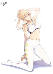 Rule 34 | 1girl, argyle, argyle clothes, argyle pants, arm up, bare arms, bare shoulders, blonde hair, closed mouth, collarbone, dated, expressionless, full body, genshin impact, grey eyes, highres, jean (genshin impact), kneeling, long hair, long legs, looking at viewer, navel, no shoes, pants, ponytail, sidelocks, solo, sports bra, stomach, white pants, yu-ta