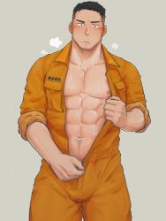 Rule 34 | 1boy, abs, amaimao, bara, bare pectorals, blush, bulge, cowboy shot, facial hair, goatee, highres, hot, large pectorals, male focus, mature male, muscular, muscular male, navel, navel hair, nipples, orange overalls, original, overalls, pectorals, short hair, sleeves rolled up, solo, steaming body, stubble, sweat, thick eyebrows, thick thighs, thighs, undercut, undressing, unzipping