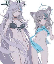 Rule 34 | 2girls, ahoge, animal ears, aqua eyes, bikini, bikini top only, black bikini, black choker, blue archive, blush, bottomless, breasts, choker, convenient censoring, dual persona, grey hair, hair over one eye, halo, height difference, highres, large breasts, long hair, looking at viewer, mismatched pupils, multiple girls, naked scarf, navel, rei (aehg3454), scarf, shiroko (blue archive), shiroko terror (blue archive), simple background, small breasts, stomach, swimsuit, very long hair, white background, wolf ears