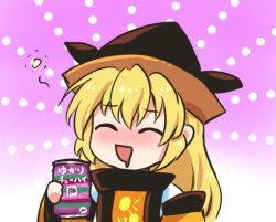 Rule 34 | 1girl, blonde hair, blush, brown hat, can, cape, closed eyes, drink can, gradient background, hand up, hat, long hair, long sleeves, matara okina, open mouth, orange cape, orange sleeves, pink background, pote (ptkan), shirt, smile, soda, soda can, solo, sun symbol, touhou, white shirt