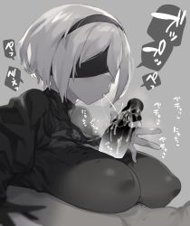 Rule 34 | 1boy, 1girl, absurdres, breasts, collagen, covered erect nipples, grey background, greyscale, hairband, handjob, highres, large breasts, male pubic hair, monochrome, nier:automata, nier (series), paizuri, penis, pubic hair, saliva, simple background, speech bubble, spitting, spitting on penis, steam, 2b (nier:automata)