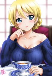 Rule 34 | 10s, 1girl, artist name, bare shoulders, blonde hair, blue eyes, blue sweater, blush, braid, breasts, cleavage, collarbone, commentary request, cup, darjeeling (girls und panzer), dated, diffraction spikes, girls und panzer, hair between eyes, kamogawa tanuki, large breasts, long sleeves, looking at viewer, ribbed sweater, saucer, short hair, sitting, smile, solo, sweater, teacup, twin braids, upper body