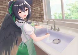 Rule 34 | 1girl, absurdres, apron, black hair, black wings, bow, cooking oil, day, drain (object), faucet, feathered wings, food, frills, green apron, green bow, green skirt, hair bow, high ponytail, highres, holding, holding food, lettuce, long hair, looking at viewer, o1118, open mouth, pepper shaker, ponytail, puffy short sleeves, puffy sleeves, red eyes, reiuji utsuho, ribbon, salt shaker, shirt, short sleeves, skirt, smile, solo, tomato, touhou, upper body, water, white shirt, window, wings