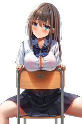 Rule 34 | 1girl, absurdres, blue bow, blue bowtie, blue eyes, blue skirt, blush, bow, bow bra, bowtie, bra, bra peek, bra visible through clothes, breast pocket, breasts, bright pupils, brown hair, button gap, chair, cleavage, closed mouth, collared shirt, commentary request, dress shirt, highres, large breasts, long hair, looking at viewer, loose bowtie, on chair, original, paid reward available, partially unbuttoned, pink bra, pleated skirt, pocket, school chair, school uniform, shirt, simple background, sitting, sitting backwards, skirt, smile, solo, spread legs, striped bow, striped bowtie, striped clothes, translated, underwear, white background, white pupils, white shirt, yukemuriganmo