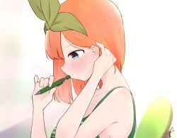 Rule 34 | 1girl, bare arms, bare shoulders, black camisole, blue eyes, blush, breasts, camisole, collarbone, commentary request, eyebrows hidden by hair, from side, go-toubun no hanayome, green ribbon, hair behind ear, hair ribbon, tucking hair, hands up, kujou karasuma, medium breasts, nakano yotsuba, orange hair, profile, ribbon, signature, solo, sweat, upper body, white background
