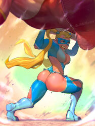 Rule 34 | 1boy, 1girl, ass, ass cutout, bare shoulders, blonde hair, blue eyes, boots, breasts, cleavage, cleavage cutout, clothing cutout, domino mask, from behind, head out of frame, large breasts, leotard, lifting person, long hair, mask, quasimodox, rainbow mika, street fighter, thong leotard, twintails, very long hair, zangief