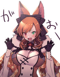 Rule 34 | 1girl, :o, animal ears, black bow, black gloves, bow, breasts, brown hair, cleavage, creatures (company), game freak, gen 6 pokemon, gen 7 pokemon, gloves, green eyes, hair bow, hands up, heterochromia, highres, large breasts, long hair, lycanroc, lycanroc (dusk), moe (hamhamham), nintendo, personification, pokemon, red eyes, simple background, solo, swept bangs, upper body, white background