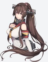 Rule 34 | 1girl, breasts, brown eyes, brown hair, cherry blossoms, collar, cropped torso, detached sleeves, floating hair, flower, grey background, hair flower, hair ornament, hand on own chest, headgear, highres, kantai collection, large breasts, long hair, looking at viewer, ponytail, rigging, rokuwata tomoe, simple background, skirt, smile, solo, very long hair, yamato (kancolle)