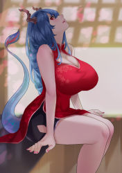 Rule 34 | 1girl, alternate breast size, arknights, bare arms, bare shoulders, bike shorts, black shorts, blue hair, breasts, ch&#039;en (ageless afterglow) (arknights), ch&#039;en (arknights), china dress, chinese clothes, cleavage, cleavage cutout, clothing cutout, commentary, dragon horns, dragon tail, dress, feet out of frame, horns, huge breasts, long hair, looking at viewer, nail polish, official alternate costume, open mouth, pink nails, red dress, red eyes, short shorts, shorts, side slit, sitting, sleeveless, sleeveless dress, solo, sumisumii, tail, thighs