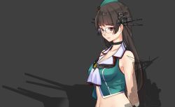 Rule 34 | 1girl, akasaai, arms behind back, bare arms, bare shoulders, black choker, black hair, blunt bangs, breasts, character request, choker, choukai (kancolle), choukai kai ni (kancolle), cleavage, collarbone, commentary request, from side, glasses, grey background, kantai collection, kikumon, lace-trimmed choker, lace trim, midriff, navel, red eyes, rigging, simple background, solo, stomach, tilted headwear, upper body, white neckwear