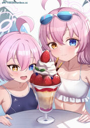 Rule 34 | 2girls, abydos high school swimsuit, ahoge, bikini, black one-piece swimsuit, blue archive, blush, breasts, closed mouth, collarbone, dual persona, eyewear on head, fang, food, frilled bikini, frills, hair between eyes, halo, heterochromia, highres, hoshino (blue archive), hoshino (swimsuit) (blue archive), hoshino (young) (blue archive), long hair, looking at viewer, multiple girls, official alternate costume, one-piece swimsuit, open mouth, parfait, pink hair, pink halo, school swimsuit, small breasts, smile, sunglasses, swimsuit, uneg, white bikini, yellow eyes