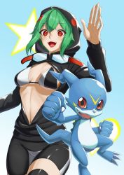 Rule 34 | 1boy, 1girl, absurdres, artist request, breasts, clenched hands, digimon, green hair, highres, hood, hoodie, jacket, large breasts, looking at viewer, navel, open clothes, open jacket, open mouth, red eyes, sharp teeth, shinomiya rina, smile, teeth, v-mon, wide hips