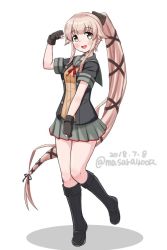 Rule 34 | 1girl, blush, boots, brown eyes, dated, fingerless gloves, gloves, grey skirt, kantai collection, long hair, looking at viewer, masara (chuujou), miniskirt, one-hour drawing challenge, open mouth, pink hair, ponytail, school uniform, serafuku, shoes, short sleeves, simple background, skirt, solo, thigh boots, thighhighs, twitter username, very long hair, white background, yura (kancolle), yura kai ni (kancolle)