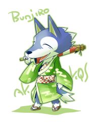 Rule 34 | 1boy, akk9s, animal crossing, animal ears, closed eyes, japanese clothes, lobo (animal crossing), male focus, nintendo, oil-paper umbrella, open mouth, sandals, simple background, solo, tail, teeth, umbrella, white background, wolf ears, wolf tail