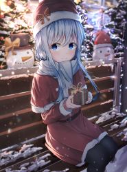 Rule 34 | 1girl, absurdres, alternate costume, bench, box, capelet, dfd, fur-trimmed capelet, fur-trimmed headwear, fur-trimmed sleeves, fur trim, gift, gift box, hibiki (kancolle), highres, holding, holding gift, jacket, kantai collection, long sleeves, park bench, red capelet, red headwear, red jacket, santa costume, scarf, sitting, snowman, solo, white scarf