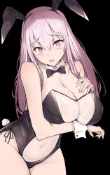 Rule 34 | 1girl, animal ears, black background, black leotard, blush, breasts, cleavage, collar, detached collar, fake animal ears, fake tail, hand on own chest, highres, hololive, hololive english, large breasts, leotard, looking at viewer, mori calliope, pink hair, playboy bunny, rabbit ears, rabbit tail, red eyes, sak1 01, solo, strapless, strapless leotard, tail, virtual youtuber, white collar, white wrist cuffs, wrist cuffs