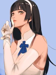 Rule 34 | 1girl, arm at side, bare shoulders, black hair, blue background, blue bow, blue bowtie, blue ribbon, blunt bangs, bow, bowtie, breasts, collarbone, commentary request, elbow gloves, eyelashes, girls&#039; frontline, gloves, hairband, halterneck, hand to own mouth, hand up, impossible clothes, impossible shirt, large breasts, long hair, looking at viewer, nose, parted lips, pink lips, ribbon, shirt, simple background, skin tight, sleeveless, solo, standing, takssmask, turtleneck, type 95 (girls&#039; frontline), upper body, white gloves, white hairband, wristband, yellow eyes