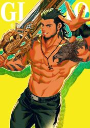 Rule 34 | 1boy, abs, arm tattoo, bara, belt, black belt, black hair, black pants, character name, facial hair, final fantasy, final fantasy xv, gladiolus amicitia, highres, holding, holding sword, holding weapon, jewelry, large pectorals, looking at viewer, male focus, muscular, muscular male, navel, necklace, nipples, pants, pectorals, scar, scar across eye, scar on face, short hair, smile, solo, sword, tattoo, weapon, xelgot