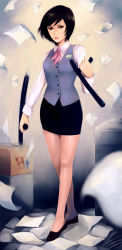 Rule 34 | 1girl, bad id, bad pixiv id, black hair, brown eyes, flying paper, highres, itori (clarice note), legs, lips, office lady, original, paper, pencil skirt, short hair, skirt, solo, tonfa, vest, weapon