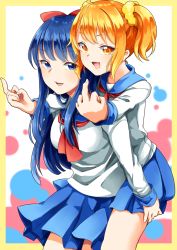 Rule 34 | 10s, 2girls, akira ry0, bad id, bad pixiv id, blue eyes, blue hair, breasts, carrying, double middle finger, highres, long hair, medium breasts, middle finger, multiple girls, open mouth, orange eyes, orange hair, piggyback, pipimi, poptepipic, popuko, school uniform, smile