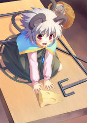 Rule 34 | 1girl, animal ears, bad id, bad pixiv id, basket, cheese, ekusa takahito, female focus, food, full body, highres, jewelry, kneeling, mini person, minigirl, mouse (animal), mouse ears, mouse tail, mousetrap, nazrin, necklace, open mouth, red eyes, short hair, silver hair, solo, tail, tears, touhou