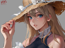 Rule 34 | 1girl, adjusting clothes, adjusting headwear, alternate costume, bismarck (kancolle), blonde hair, blue eyes, breasts, close-up, grey background, hair between eyes, haruto (harut n), hat, kantai collection, large breasts, long hair, looking at viewer, portrait, solo, straw hat, sun hat