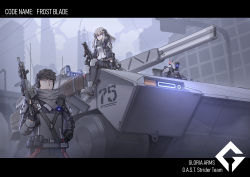 Rule 34 | 1boy, 1girl, absurdres, black hair, blonde hair, chinese commentary, commentary request, english text, fingerless gloves, gloves, gun, hand in pocket, headset, highres, holding, holding gun, holding weapon, knee pads, letterboxed, medium hair, military, military vehicle, motor vehicle, on vehicle, original, robot, scarf, science fiction, sherman (egnk2525), short hair, sitting, tank, weapon