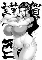 Rule 34 | 1girl, bonten, breasts, crop top, curvy, curvy, eyewear on head, hair slicked back, highres, huge breasts, impossible clothes, long hair, looking at viewer, midriff, nico robin, one piece, parted lips, ponytail, solo, wide hips
