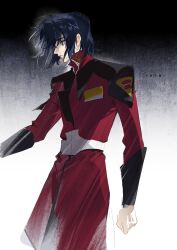 1boy absurdres athrun_zala belt black_background blue_hair cowboy_shot gradient_background green_eyes grey_background gundam gundam_seed highres jacket long_sleeves looking_to_the_side male_focus military_uniform profile red_jacket short_hair solo ste7619 white_background zaft_uniform