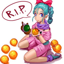 Rule 34 | 1girl, :o, absurdres, blouse, blue eyes, blue footwear, blue hair, bow, braid, braided ponytail, brown gloves, bulma, character name, clothes writing, dragon ball, dragon ball (object), full body, gloves, hair bow, highres, holding, jojaow, pink shirt, pink skirt, ponytail, red bow, rest in peace (phrase), shirt, shoes, short hair, simple background, single braid, single glove, sitting, skirt, socks, solo, speech bubble, tsuru hiromi, wariza, white background