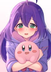 Rule 34 | + +, 1girl, 1other, ahoge, blush, breasts, crossover, drooling, gradient background, green eyes, hair between eyes, highres, hood, hood down, hoodie, hug, idolmaster, idolmaster million live!, idolmaster million live! theater days, kirby, kirby (series), kuro kinkan, long hair, long sleeves, looking at viewer, mochizuki anna, mouth drool, nintendo, open mouth, purple hair, purple hoodie, simple background, small breasts, smile, sparkle, upper body, white background