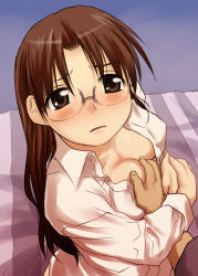 Rule 34 | 1girl, bed, breasts, brown hair, glasses, grabbing, grabbing another&#039;s breast, grabbing another's breast, guided breast grab, guiding hand, hoshina tomoko, open clothes, open shirt, sakaki imasato, shirt, solo focus, to heart, to heart (series)