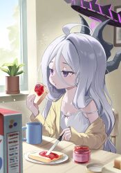 Rule 34 | 1girl, blue archive, bread, bread slice, breasts, camisole, cleavage, collarbone, cup, demon horns, eating, food, food on face, grey hair, halo, highres, hina (blue archive), horns, indoors, jam, kekek, long hair, long hair between eyes, mug, multiple horns, plant, potted plant, purple eyes, sitting, sleepy, small breasts, solo, squeans, strap slip, table, toast, very long hair, white camisole, wooden table