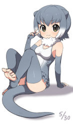 Rule 34 | 1girl, :3, animal ears, bare shoulders, breasts, dated, elbow gloves, extra ears, feet, fingerless gloves, full body, fur collar, gloves, gradient hair, green eyes, grey gloves, grey hair, hand up, highres, kemono friends, looking at viewer, medium breasts, medium hair, multicolored hair, one-piece swimsuit, otter ears, otter tail, outstretched foot, ransusan, simple background, sitting, small-clawed otter (kemono friends), smile, solo, swimsuit, tail, toeless legwear, toes, v, v-shaped eyebrows, white background, white hair