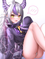 Rule 34 | 1girl, ahoge, ascot, ass, black horns, blush, braid, braided bangs, breasts, coat, coat dress, collar, highres, hololive, horns, kaju paint, la+ darknesss, la+ darknesss (1st costume), looking at viewer, metal collar, multicolored hair, panties, pointy ears, purple coat, purple hair, sleeves past fingers, sleeves past wrists, slit pupils, small breasts, solo, spoken blush, streaked hair, striped horns, thighs, underwear, virtual youtuber, white panties, yellow ascot, yellow eyes