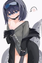 Rule 34 | absurdres, andreana (arknights), arknights, black coat, black gloves, black hair, blue eyes, blush, bottomless, clothes pull, clothes writing, coat, collarbone, covering privates, covering crotch, cowboy shot, embarrassed, gloves, goggles, goggles on head, grey shirt, highres, leaning forward, long sleeves, looking at viewer, nui (nuinui0300), open clothes, open coat, parted lips, partially fingerless gloves, shirt, shirt pull, short hair, simple background, speech bubble, spoken blush, white background