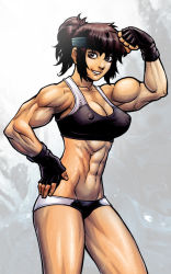 Rule 34 | 1girl, abs, breasts, brown eyes, brown hair, cleavage, covered erect nipples, daimon akiko, danusko, fingerless gloves, gloves, hand on own hip, headband, midriff, muscular, navel, short ponytail, short shorts, shorts, solo, sports bra, taisen hot gimmick, taisen hot gimmick 4ever, toned