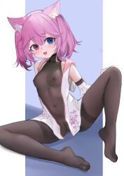 Rule 34 | 1girl, :d, absurdres, animal ear fluff, animal ears, blue eyes, bodystocking, breasts, copyright request, covered erect nipples, fang, floral print, full body, hair between eyes, highres, jacket, knee up, medium breasts, medium hair, mole, mole under eye, nagata gata, no panties, no shoes, open clothes, open jacket, open mouth, pink hair, purple eyes, pussy, see-through, sitting, sleeveless, sleeveless jacket, smile, solo