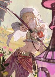 Rule 34 | 1boy, akihare, androgynous, arabian clothes, bare shoulders, bow (weapon), circlet, crop top, crossdressing, detached sleeves, drawing bow, dutch angle, gerudo set (zelda), harem outfit, harem pants, highres, holding, holding bow (weapon), holding weapon, jewelry, link, male focus, midriff, mouth veil, navel, necklace, nintendo, official alternate costume, pants, the legend of zelda, the legend of zelda: breath of the wild, toned, toned male, veil, weapon