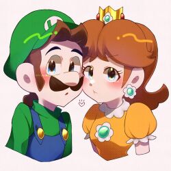 Rule 34 | 1boy, 1girl, blush, breasts, brooch, brown hair, crown, dress, expressionless, facial hair, flipped hair, hat, heart, jewelry, looking at viewer, luigi, mario (series), mustache, nintendo, orange dress, overalls, princess daisy, puffy short sleeves, puffy sleeves, short sleeves, small breasts, spoken heart, upper body