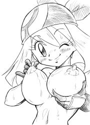Rule 34 | arukime, bandana, blush, breasts, creatures (company), covered erect nipples, game freak, large breasts, looking at viewer, may (pokemon), monochrome, nintendo, nude, pokemon, smile, wink