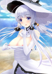 Rule 34 | absurdres, azur lane, beach, breasts, cleavage, clothes pull, day, detached sleeves, dress, dress pull, hat, highres, illustrious (azur lane), inverted nipples, large breasts, light purple hair, long hair, looking at viewer, mole, mole under eye, nipples, ocean, outdoors, purple eyes, sky, solo, very long hair