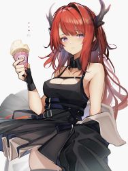 Rule 34 | 1girl, arknights, bad id, bad twitter id, black dress, breasts, chest strap, cleavage, commentary request, dress, food, highres, holding, holding food, horns, ice cream, looking at viewer, medium breasts, pink eyes, red hair, revision, simple background, sleeveless, sleeveless dress, solo, surtr (arknights), tab head, white background