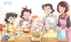 Rule 34 | 2girls, 3boys, :d, ^ ^, apron, ash ketchum, bad id, bad pixiv id, baseball cap, black hair, black sweater, blue jacket, blue shorts, blush, bone, bowl, bread, brown hair, bulbasaur, camille (pokemon), chair, character print, closed eyes, collared shirt, creature, creatures (company), cubone, cup, dark-skinned male, dark skin, dinner, episode number, family, father and son, food, game freak, gen 1 pokemon, gen 8 pokemon, gengar, goh (pokemon), grandmother and grandson, grey hair, grey shirt, grey sweater, happy, hat, unworn hat, headpat, unworn headwear, holding, holding bone, holding spoon, husband and wife, ikuo (pokemon), index finger raised, jacket, looking at another, mei (maysroom), mother and son, mug, multiple boys, multiple girls, nintendo, old, old woman, on chair, on lap, one eye closed, open mouth, pikachu, pink apron, plate, pokemon, pokemon (anime), pokemon (creature), pokemon journeys, pokemon on lap, rabbit, red headwear, salad, scorbunny, shirt, short hair, shorts, sitting, sitting on lap, sitting on person, smile, soup, spoon, standing, staryu, sweater, table, teeth, themed object, tome (pokemon), upper teeth only, white shirt, wrinkled skin, yellow sweater, |d