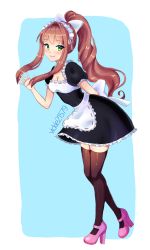 Rule 34 | 1girl, alternate costume, apron, arm behind back, blue background, blush, breasts, brown hair, brown thighhighs, cleavage, commentary, doki doki literature club, english commentary, enmaided, frilled apron, frills, full body, green eyes, hair ribbon, high heels, highres, leaning forward, long hair, looking at viewer, maid, maid headdress, mary janes, medium breasts, monika (doki doki literature club), pink footwear, ponytail, ribbon, shoes, sidelocks, simple background, smile, solo, standing, thighhighs, very long hair, vickie (cryingrobot), waist apron, white ribbon, zettai ryouiki