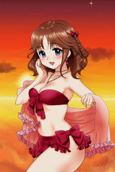 Rule 34 | 1girl, adjusting hair, bikini, bikini skirt, blue eyes, blush, bow, braid, breasts, brown hair, cleavage, earrings, eyebrows, front-tie top, hair bow, highres, jewelry, looking at viewer, meteolance, navel, necklace, open mouth, original, red bikini, shawl, short hair, side-tie bikini bottom, sky, smile, solo, sunset, swimsuit, thighs